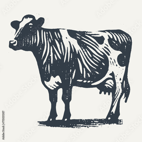 Cow. Vintage block print style grunge effect vector illustration. Black and white.