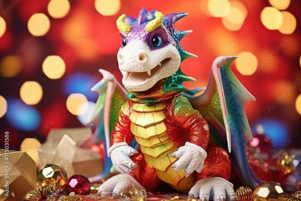 chinese new year dragon. A multicolored, colorful little cartoon dragon on a colorful, festive background. Portrait.