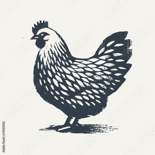 Chicken. Vintage block print style grunge effect vector illustration. Black and white.