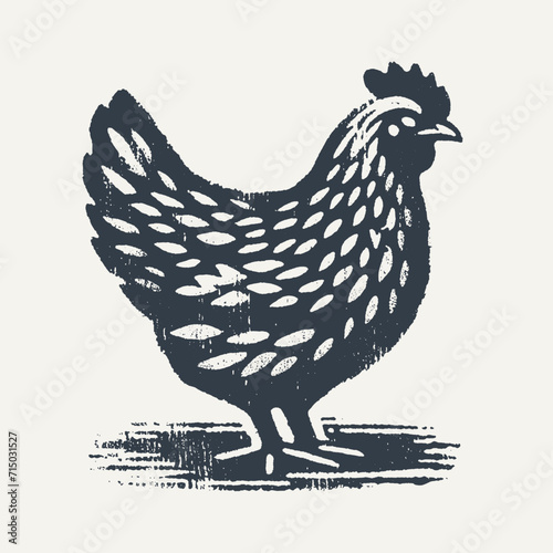 Chicken. Vintage block print style grunge effect vector illustration. Black and white.