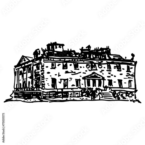 Westport House. Historical Georgian landmark in Ireland. Hand drawn linear doodle rough sketch. Black and white silhouette.