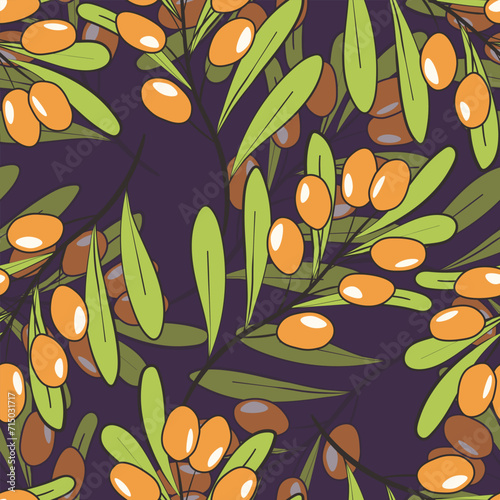 Seamless pattern with sea buckthorn. Natural fresh ripe tasty berries. Vector illustration for background, packaging, textile, fabric and various other designs