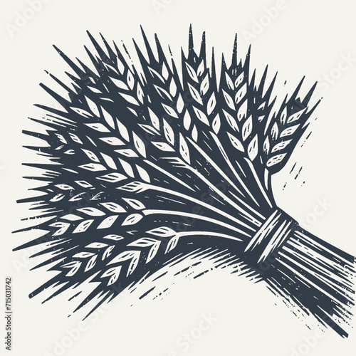Bundle of wheat ears. Vintage block print style grunge effect vector illustration. Black and white.