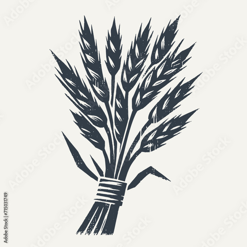 Bundle of wheat ears. Vintage block print style grunge effect vector illustration. Black and white.