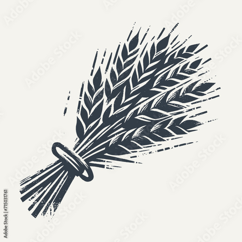 Bundle of wheat ears. Vintage block print style grunge effect vector illustration. Black and white.