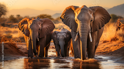 African Elephant Gathering by the Watering Hole. © EwaStudio