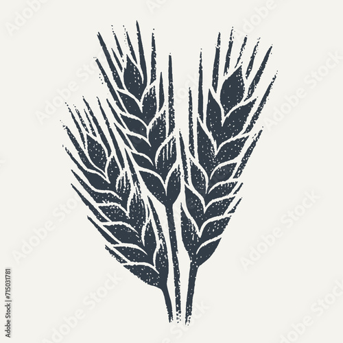 Bundle of wheat ears. Vintage block print style grunge effect vector illustration. Black and white.