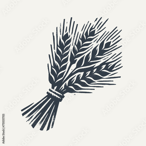 Bundle of wheat ears. Vintage block print style grunge effect vector illustration. Black and white.