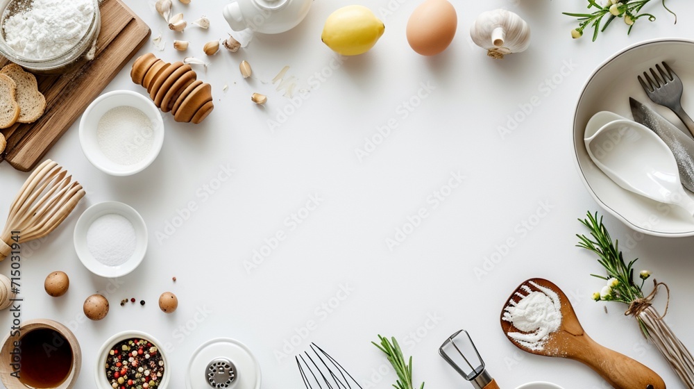 Frame composition dishes and kitchen accessories for baking on the Kitchen table on a white background - obrazy, fototapety, plakaty 