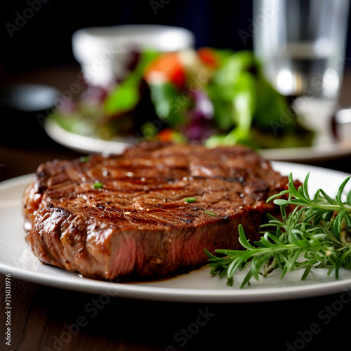 Very high-quality steak, beautiful ceramic tableware, unusual background. Unusual presentation of food. Not for vegetarians.