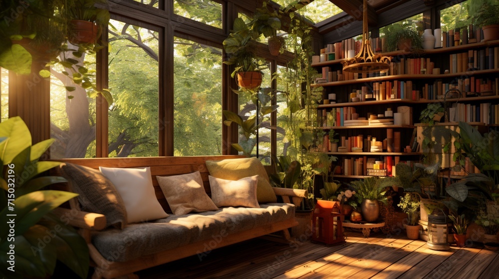 Fototapeta premium Transformed Garden Shed into a Bohemian Haven with Cozy Setting - AI-Generative
