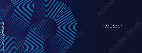 Abstract Dark Navy Blue Waving circles lines Technology Background. Modern gradient with glowing lines shiny geometric shape and diagonal, for brochure, cover, poster, banner, website, header