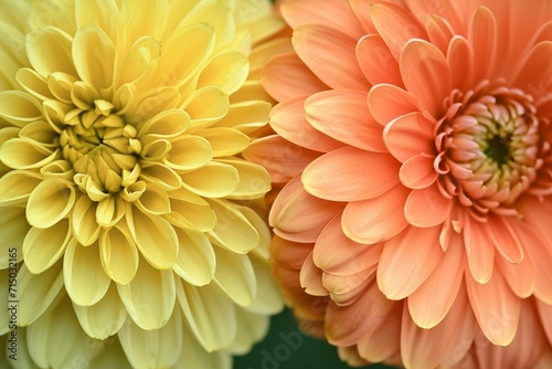 Geometric Orange and Yellow Flowers with Eight and Six Petals Respectively on a Green Background photo