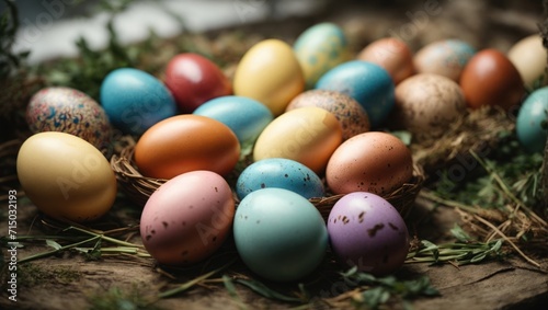 Colorful easter eggs in nest on rustic wooden background