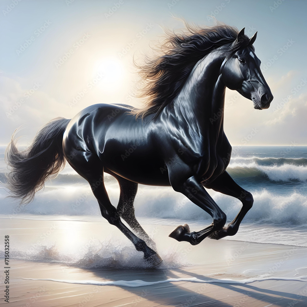 Running Black Horse Painting, Horse Printable art, Horse Printable wall art, Ai generated
