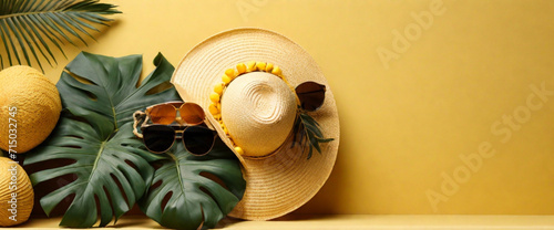 Chapéu de palha, bolsa de vime ecológica, óculos de sol, galhos de monstera sobre fundo amarelo com espaço para texto, vista superior, ampla composição. Moda de férias de verão, conceito de férias. Ac photo