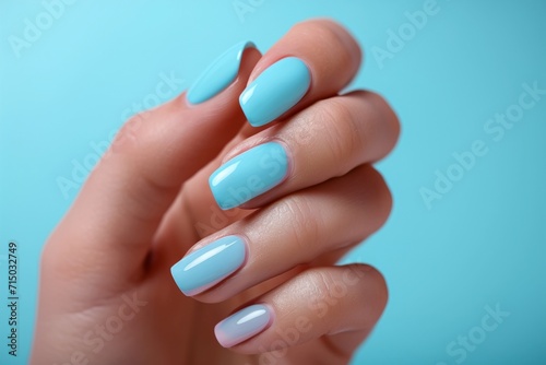 Glamour woman hand with blue nail polish on her fingernails. Pastel color nail manicure with gel polish at luxury beauty salon. Nail art and design. Female hand model. French manicure