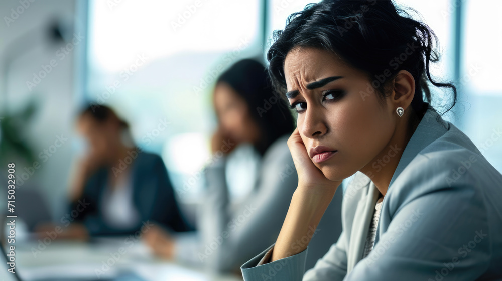 © Studio Nova - Woman with her hand on her forehead in a gesture of worry or stress, possibly reflecting concern or deep thought while at work.
