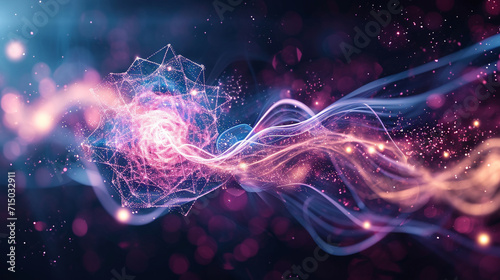 An abstract image of glowing atomic particles and energy waves, atoms and molecules, dynamic and dramatic compositions, with copy space