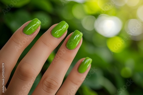Glamour woman hand with green color nail polish on her fingernails. Green nail manicure with gel polish at luxury beauty salon. Nail art and design. Female hand model. French manicure.
