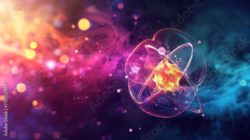 An electron cloud model of an atom with a dynamic, colorful background, atoms and molecules, dynamic and dramatic compositions, with copy space photo