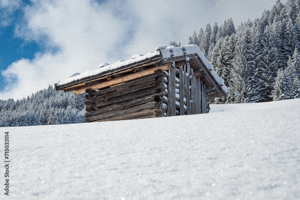 Holzhütte in der Schneelandschaft des Kleinwalsertals