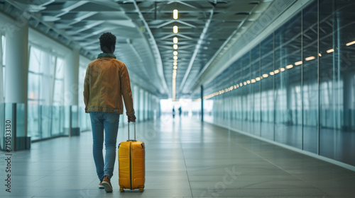 Young traveler is seen from behind walking down an airport corridor, carrying a yellow suitcase