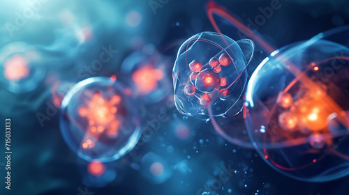 A conceptual image of atoms being split, representing nuclear fission, atoms and molecules, dynamic and dramatic compositions, with copy space photo
