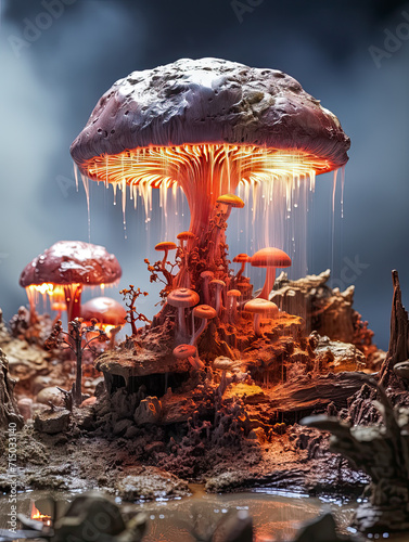 Symbolbild eines nuklear verstrahlten Pilzes nach einer Atomexplosion, Generative AI