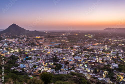 panoramic view of pushkar city from a mountain, india photo