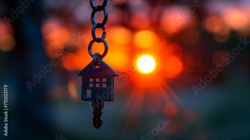 House key on chain with warm sunset background, real estate concept © OKAN