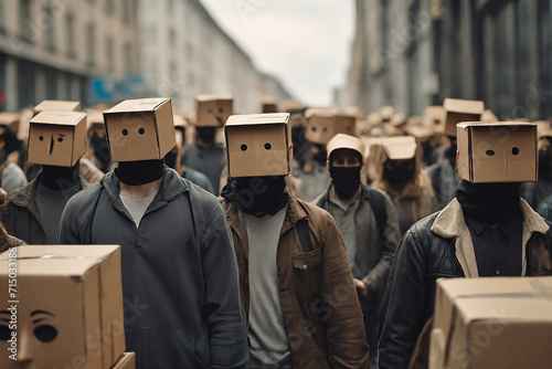 A crowd of people on the street with boxes on their heads, the concept of a public issue, unknown masked people, protest