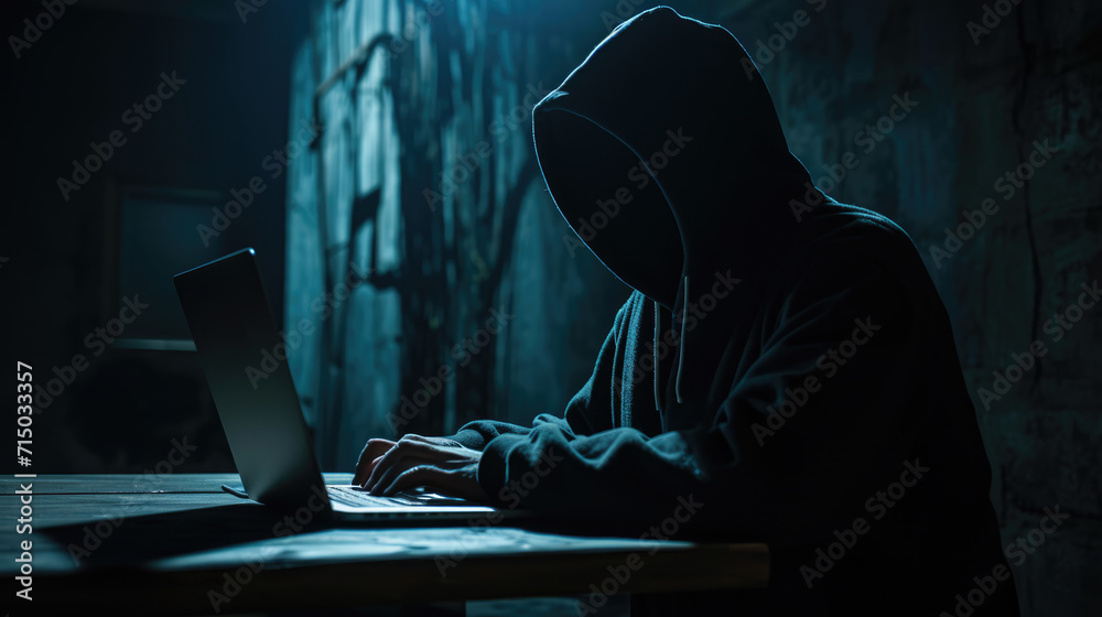 Silhouette of a mysterious figure in a hoodie, facing away from the camera, illuminated by the blue light of a laptop screen in a dark room Silhouette of a mysterious figure in a hoodie, facing away from the camera, illuminated by the blue light of a laptop screen in a dark room
