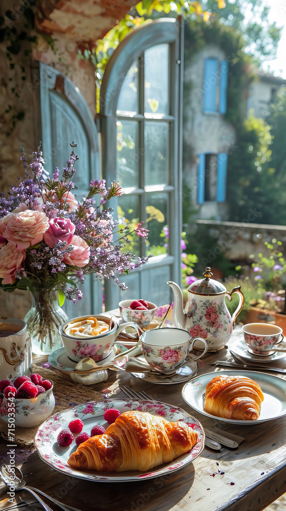 Naklejka premium Breakfast in Bloom. Croissant, Cake, and Flowers