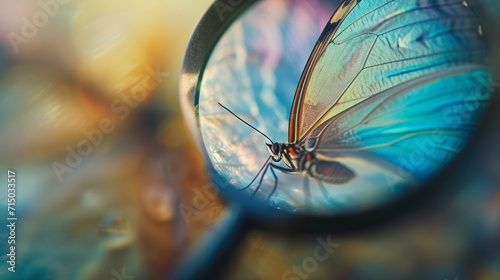 Magnifying glass and a butterfly on a blue background. Selective focus. A macro shot of a magnifier glass revealing the mesmerizing textures and imperfections of a delicate butterfly wing. 