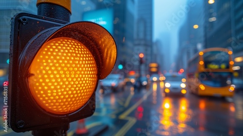 Illuminated yellow traffic light on rainy city street at twilight photo