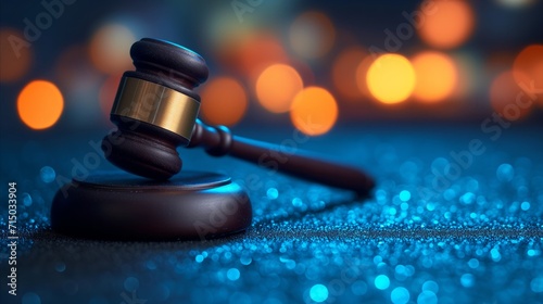 Close-up of wooden judge gavel on blue glittering background with bokeh