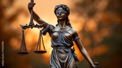 Lady justice statue with scales on warm bokeh background