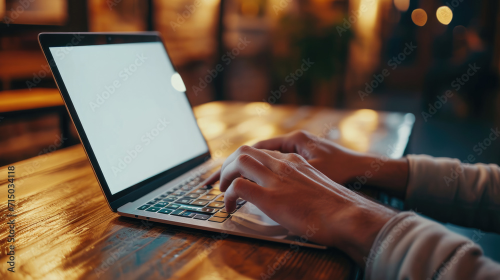 Person's hands typing on a laptop with a blank screen, set on a wooden table Person's hands typing on a laptop with a blank screen, set on a wooden table
