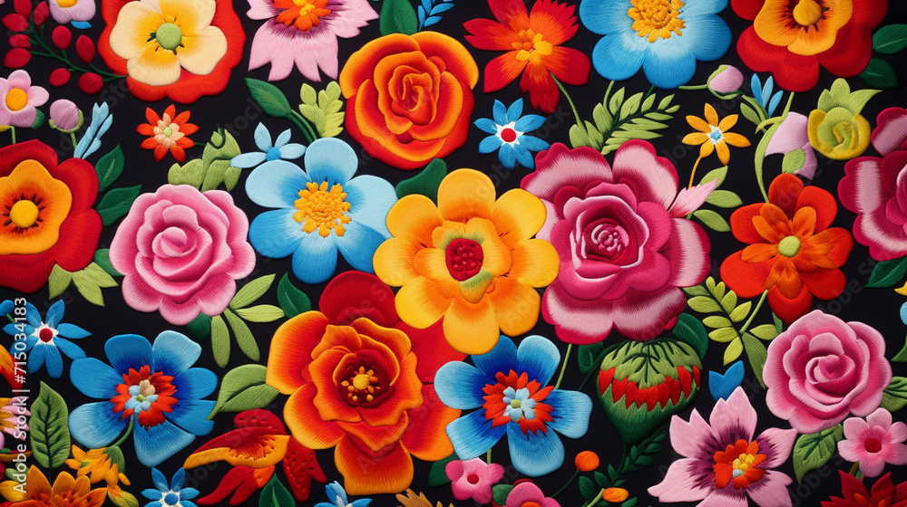 Mexican Tapestry: Woven Flowers on Textile in Latin Folklore Style Mexican Tapestry: Woven Flowers on Textile in Latin Folklore Style
