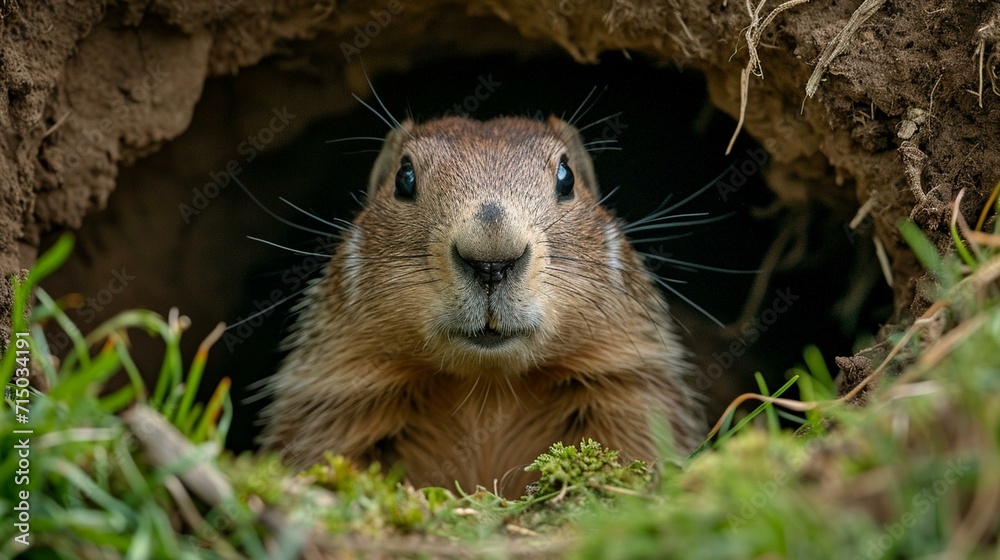 Groundhog peeking out from a cozy burrow, showcasing its natural habitat. [Groundhog in burrow Groundhog peeking out from a cozy burrow, showcasing its natural habitat. [Groundhog in burrow