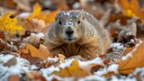Groundhog looking for its shadow among winter foliage. [Groundhog searching for shadow