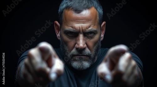Intense middle-aged man with a stern look pointing directly at camera