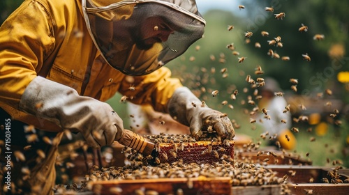 A beekeeper harvesting honey from beehives, emphasizing the hands-on aspect of beekeeping. [Beekeeper harvesting honey photo