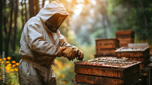 Beekeeper in protective gear tending to beehives in a picturesque apiary setting. [Beekeeper in apiary photo