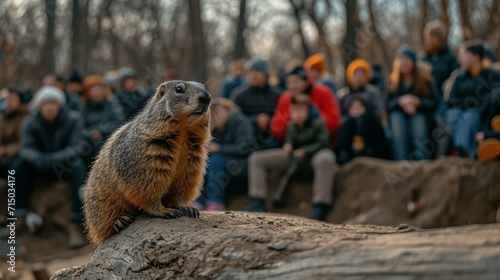 Groundhog Day celebration with people gathered around to witness the prediction ceremony. [Groundhog Day celebration