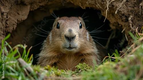 Groundhog peeking out from a cozy burrow, showcasing its natural habitat. [Groundhog in burrow © Julia