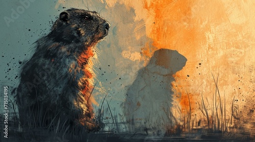 Groundhog Day banner featuring an artistic illustration of a groundhog and a shadow. [Groundhog Day banner illustration