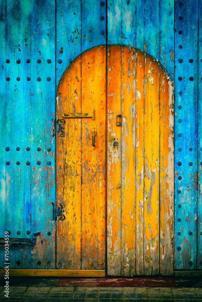 Residential old blue house yellow  Wooden door