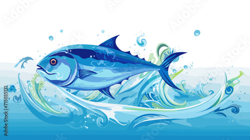 copy space, flat vector illustration, World tuna day, color illustration with the image of fish on waves in the water. Illustration for awareness of overfishing tuna and tuna-like species.